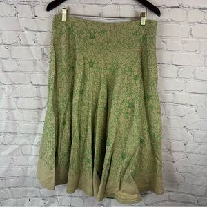 DKNY Green embroidered floral beaded Pleated Midi linen A-Line Skirt sz 10
